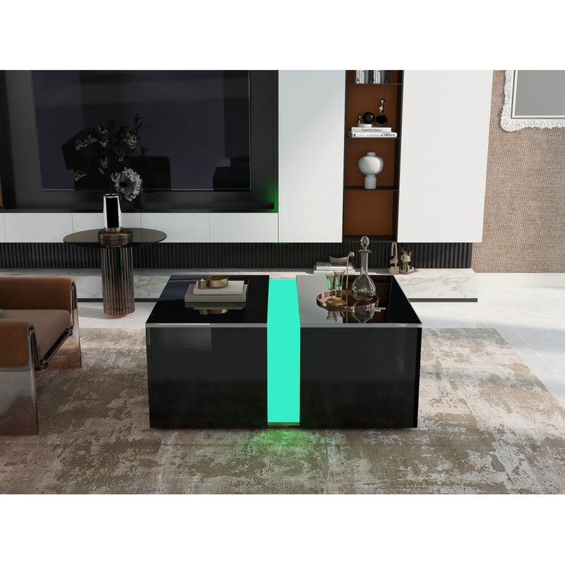 Haute luminosité Couchtisch Mit Fernbedienung 16 Farben LED Lichter, Versenkbares Fach, LED Sofa Ablagetisch Für Wohnzimmer, 73*60*34cm Hochglanz Schwarz_voghion.com