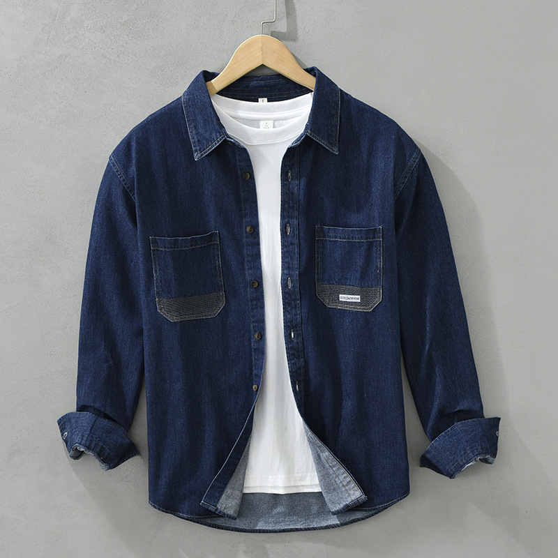 8885 camicia a maniche lunghe in denim lavato per abbigliamento da lavoro giapponese da uomo, giacca camicia ampia, artistica e versatile, un pezzo unico per la sostituzione dei capelli_voghion.com