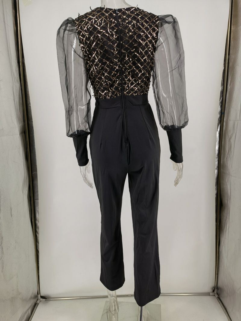 Ropa de mujer Mono sexy retro de malla con mangas largas y parches de lentejuelas_voghion.com