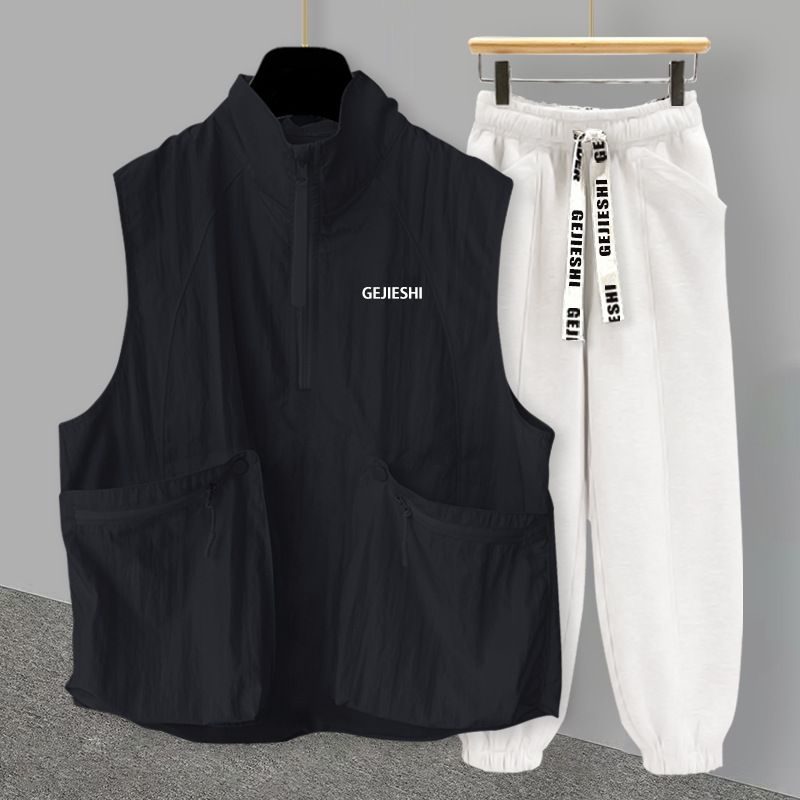 Herrenbekleidung Halbreißverschluss bestickte Stehkragenweste Anzug Herren Sommer koreanischen Stil trendiges Reißverschlusstaschen-Design lässig ärmelloses T-Shirt_voghion.com