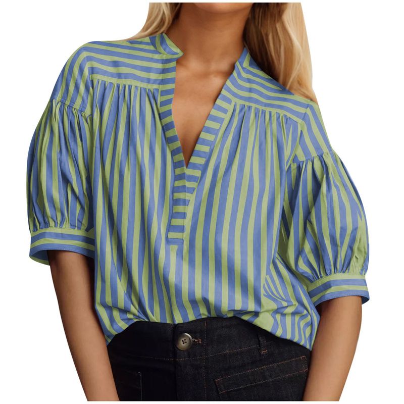Camicia da donna a maniche corte, a righe, ampia e versatile, nuova moda 2025_voghion.com