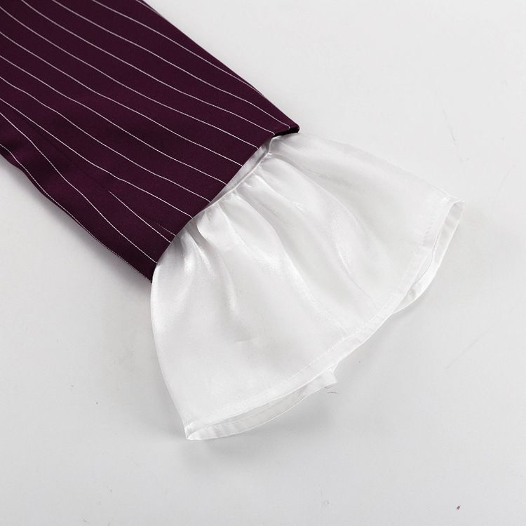 Giacca da abito a righe da donna, elegante blazer a righe con maniche a campana in pizzo – Giacca casual ampia per primavera/autunno in rosso vino_voghion.com