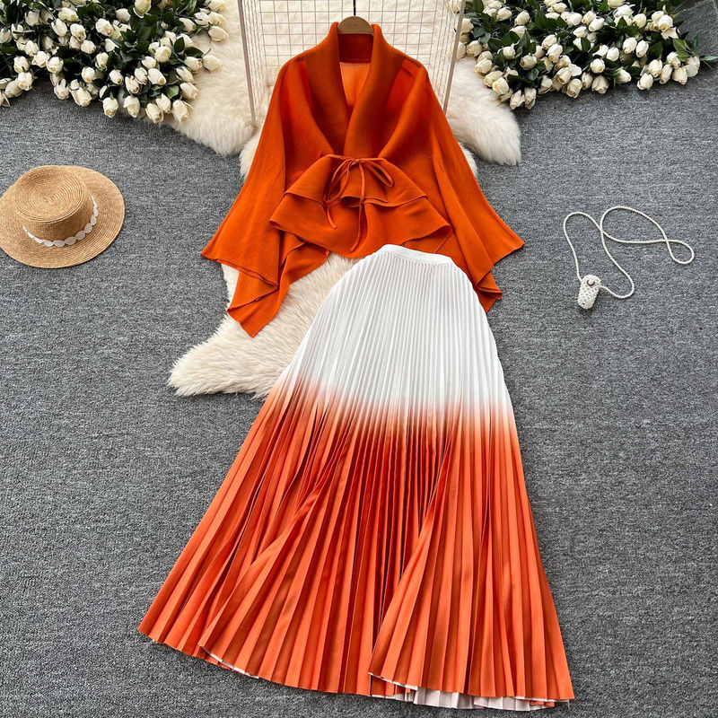 Ruffled Butterfly Sleeve Gradient Tie Cape Short Coat Top + Gradient Pleated Skirt Two-piece Suit_voghion.com