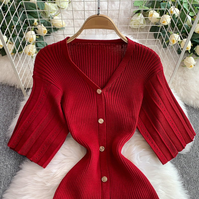 Women's Clothing Elegant V Neck Single Breasted Short Sleeved Dress Knitted Elastic Waist Hollow Fishtail Long Skirt_voghion.com