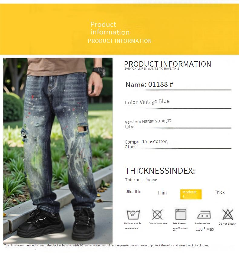 Men's High-Street Distressed Paint-Splatter Jeans – Ripped & Washed, Straight-Leg Relaxed Fit (Sizes 28-38, 80% Cotton Stretch, Vintage Blue)_voghion.com