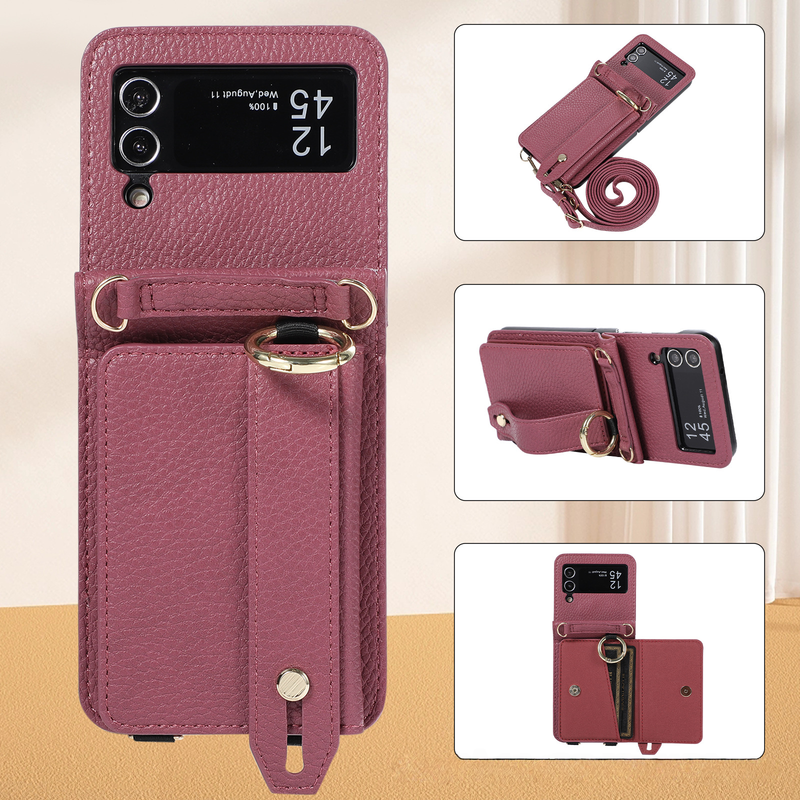 Suitable For Samsung Z Flip5 Folding Crossbody Mobile Phone Case Z Flip4 Card Slot Protective Cover Wrist Strap Bracket Leather Case_voghion.com