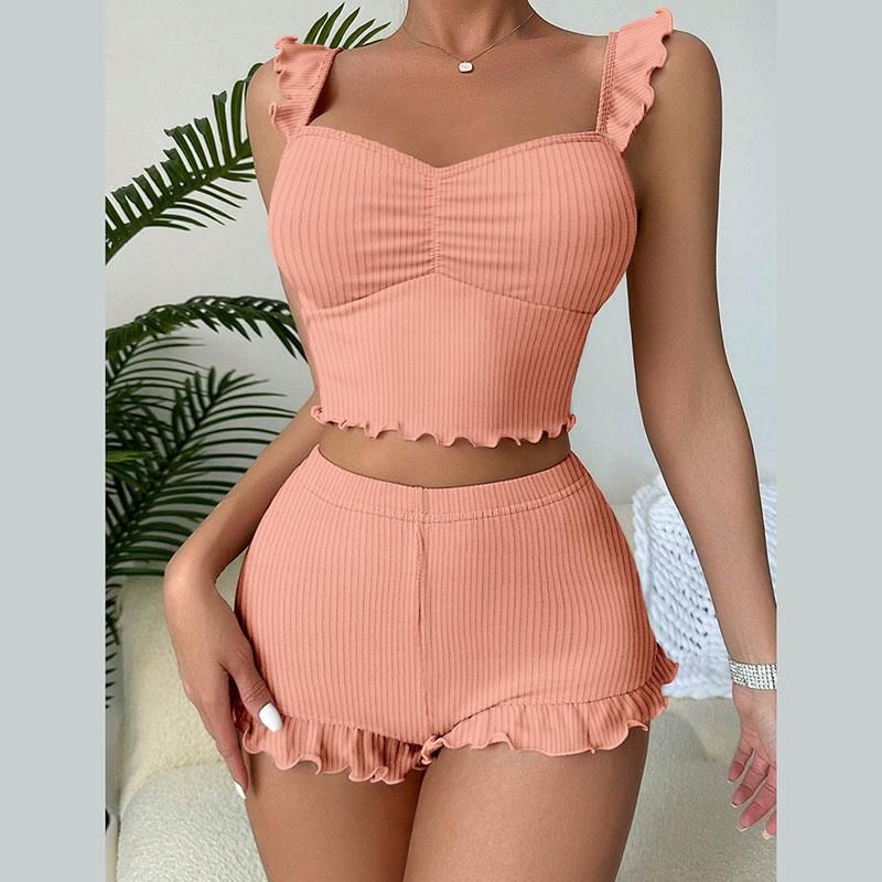 Completo da notte da donna Kawaii Pama composto da 2 pezzi, top e pantaloncini sexy, comodo e traspirante, con volant._voghion.com