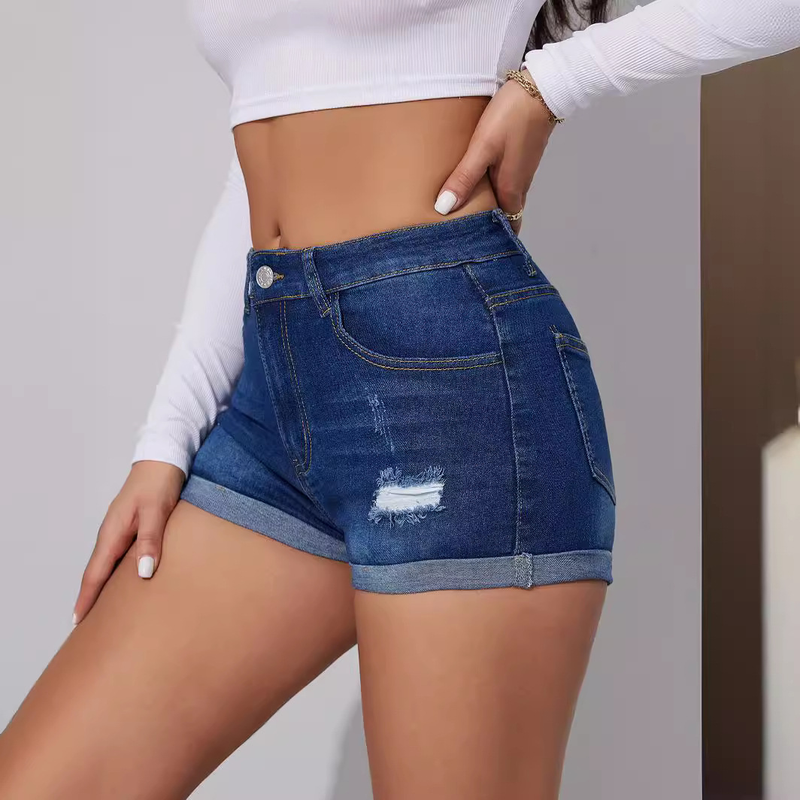 Nuovi jeans elastici snellenti a vita alta alla moda con buchi strappati, pantaloncini per donna_voghion.com