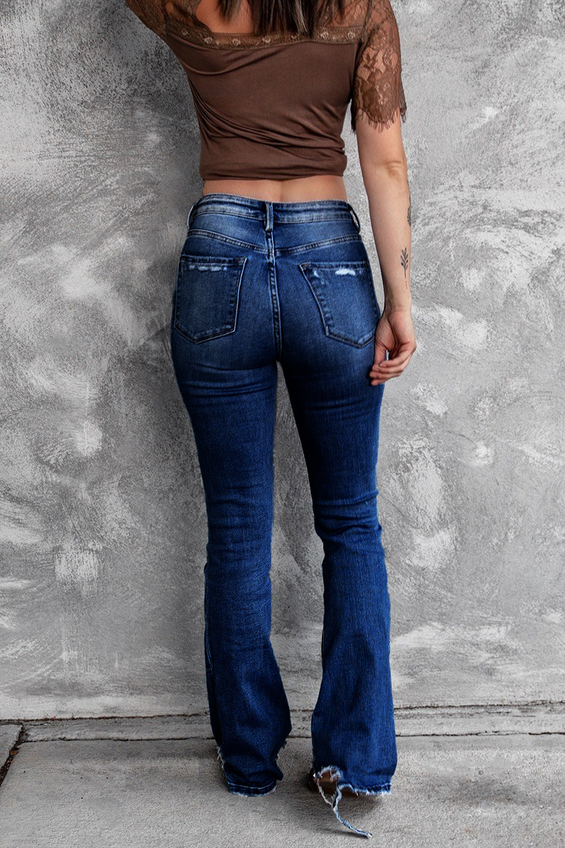 Jeans aderenti a vita alta, elastici, retrò, aderenti, da donna, con fondo a campana, strappati_voghion.com