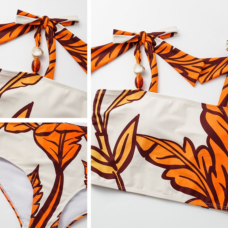 Roupa de banho feminina nova camada de ar babados maple leaf print praia férias maiô de uma peça terno_voghion.com
