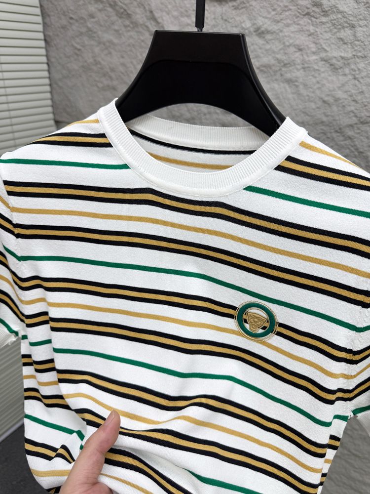Maglietta a maniche corte estiva da uomo, tendenza giovanile, a righe, in seta ghiacciata, a mezza manica, scollo rotondo, polo sottile._voghion.com