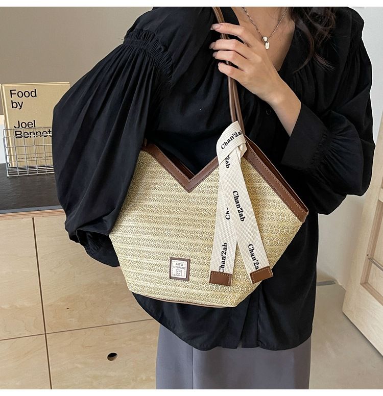 Damen-Einkaufstasche, große Kapazität, gewebte Strohtasche, große Kapazität, Umhängetasche für den Strandurlaub, Pendler-Einkaufstasche_voghion.com