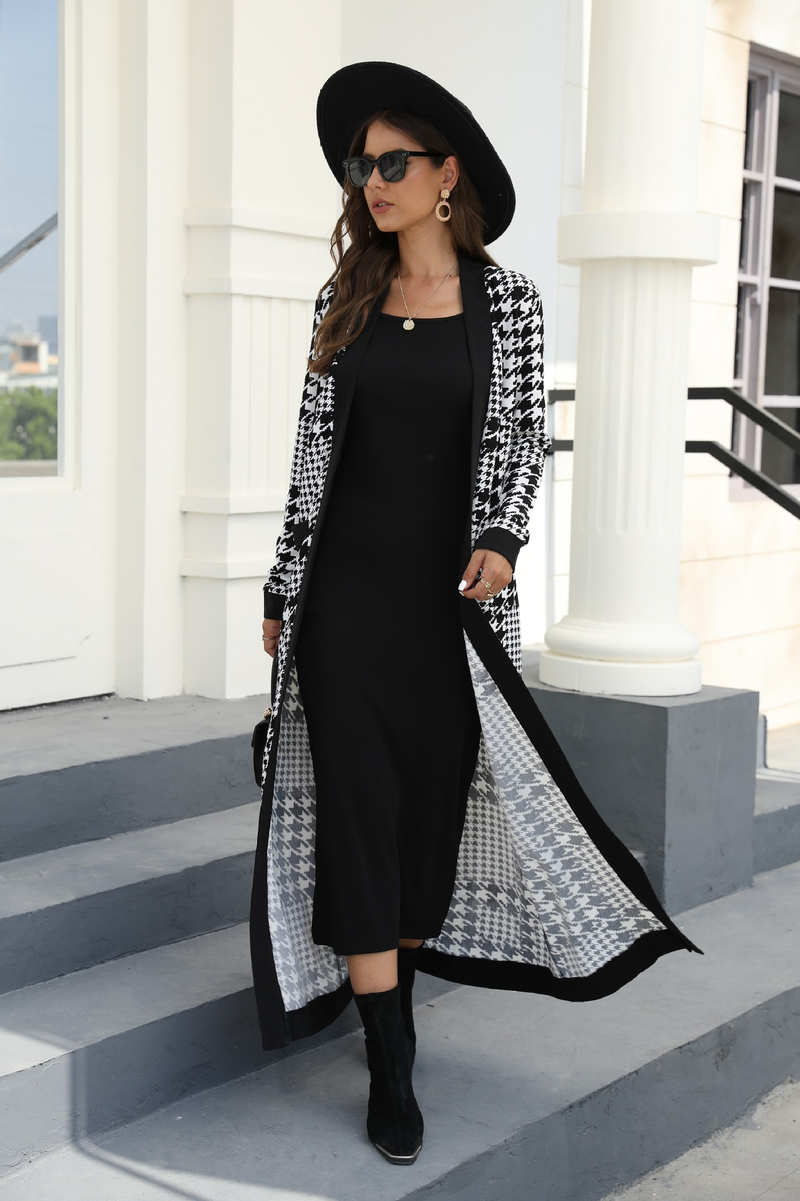 Women's houndstooth long-sleeved knitted cardigan jacket two-piece set_voghion.com
