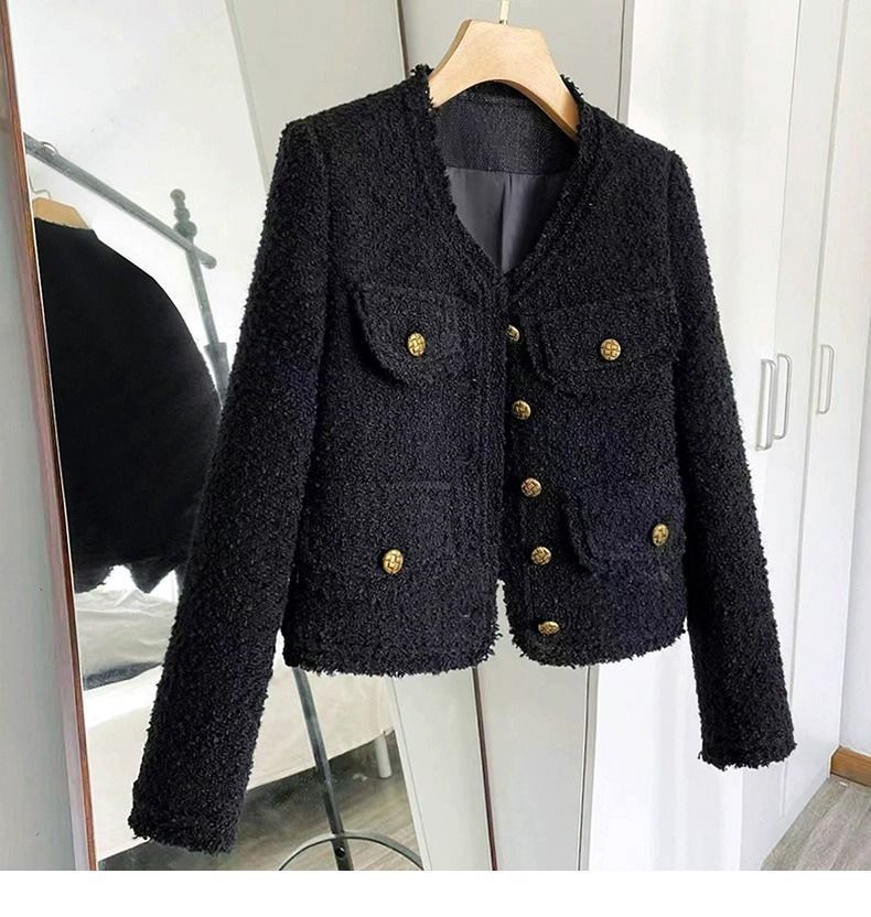 Elegante giacca corta in tweed nero da donna - Blazer corto in stile classico con maniche lunghe, scollo rotondo e bottoni (S/M/L/XL)_voghion.com