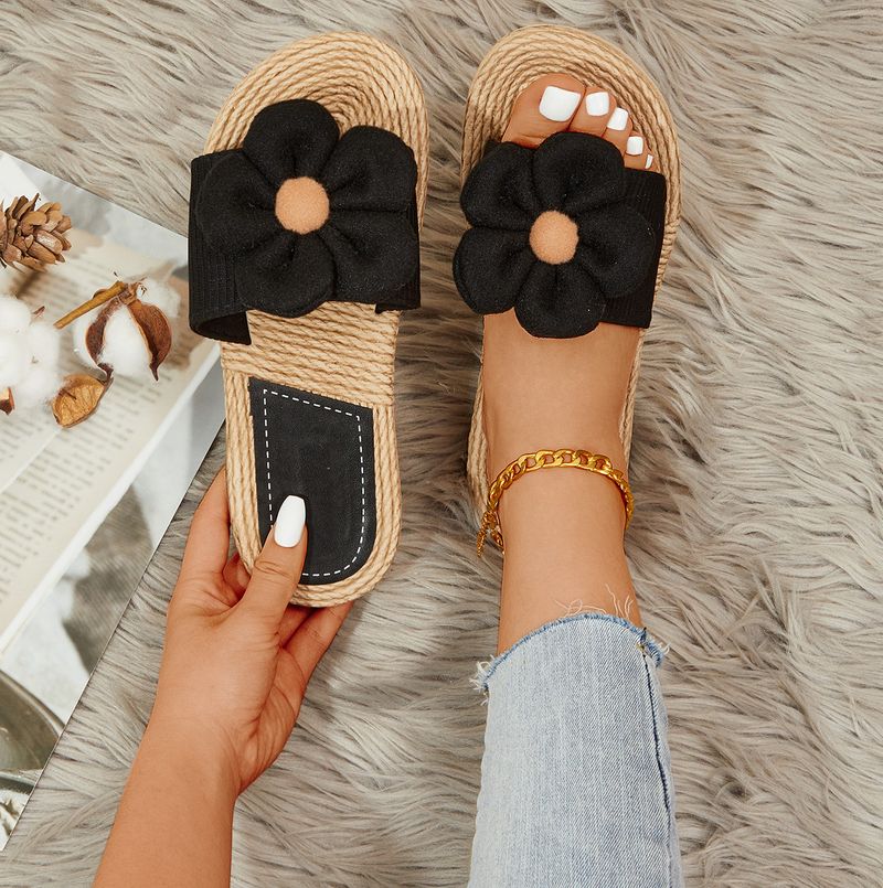 Damenschuhe Neue Outdoor-Einzeilige Damen-Seilsohle Große Blumenmaserung Modische und lässige Damen-Outdoor-Flache Hausschuhe_voghion.com