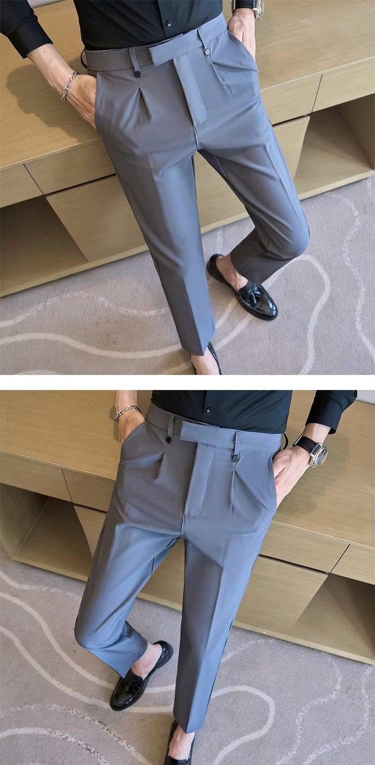 Spring And Summer New Men's Suit Pants Men's Solid Color Non-ironing Casual Pants Commuting To Work Slim-fitting Solid Color Nine-point Pants_voghion.com
