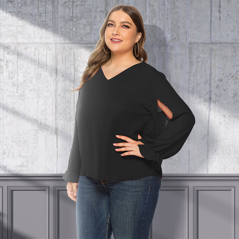 Große Damen Fat MM2023 Frühling/Sommer Solide V-Ausschnitt Split Bubble Sleeve Lose Langarm Chiffon Shirt JR336_voghion.com