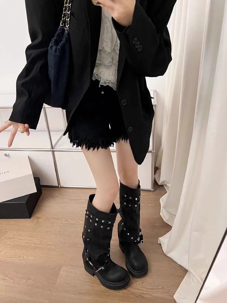Black Studded Women's Boots Riding Boots Fashionable Versatile_voghion.com