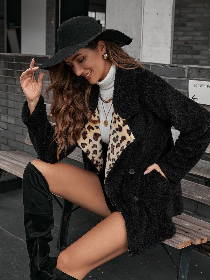 Women's Clothing leopard print lapel fur cardigan sherpa windbreaker jacket _voghion.com