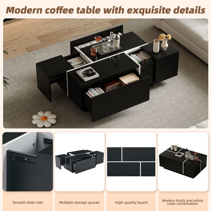 Table basse carrée noire moderne 100 x 60 x 40 cm, finition patchwork brillante, 4 tiroirs et plateau coulissant, supporte jusqu'à 30 kg._voghion.com