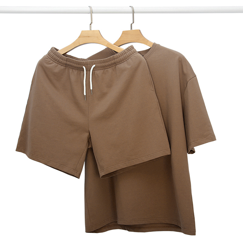 Herenkleding Hoge kwaliteit Zware zuivere katoen Korte mouwen T-shirt Shorts Bijpassend pak Zomer Casual 2-delige set voor mannen en vrouwen_voghion.com