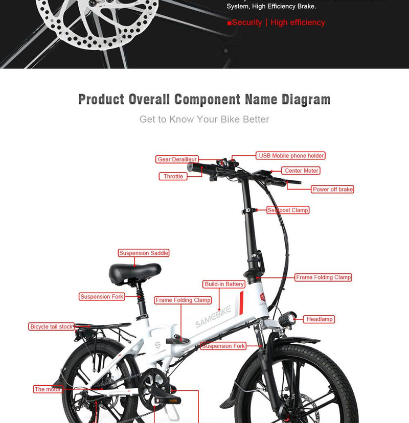 SAMEBIKE 20LVXD30-II Elcykel 20" Sammenklappelig El-knallertcykel 350W Motor 48V 10Ah batteri_voghion.com