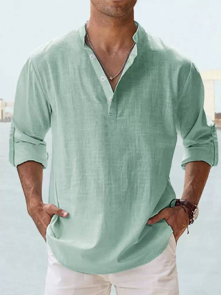 2025 Men's Linen Stand Collar Long-sleeved T-shirt, Loose-fitting Undershirt, Pure Color Long-sleeved Shirt_voghion.com