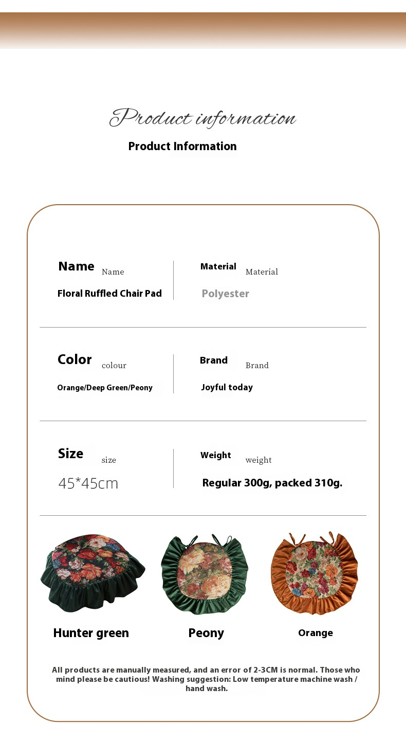 Abnehmbares französisches Vintage-Stuhlkissen mit Blumenmuster – waschbares Sitzpolster aus Polyester mit Rüschen und rutschfesten Bändern (Füllung aus harter Baumwolle, Cottagecore-Dekor)_voghion.com
