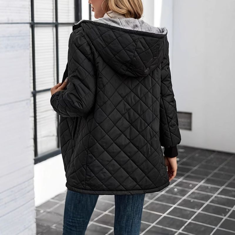 Women's Checkered Trench Coat – Mid-Length Polyester Jacket With Detachable Hood (S-XL, Black)_voghion.com