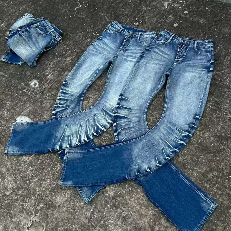 Herrenbekleidung High Street Retro Vintage Buttoned Plissee Scimitar Jeans Herren Straight Slim Casual Pile Pants_voghion.com