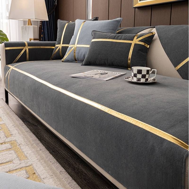 Luxury Chenille Sofa Cover Set With Cloud Gold Trim – Anti-Scratch, All-Season Fabric Protector For Sectional Couches_voghion.com
