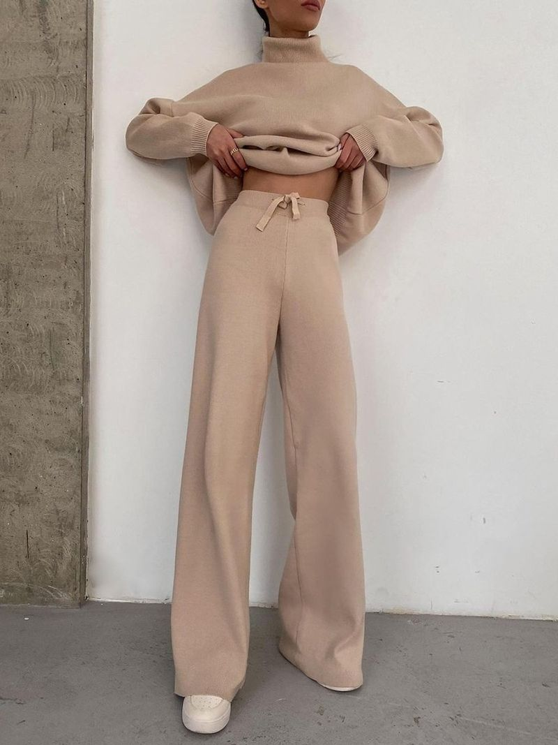 Kadın Giyim Yeni Örme Dantel Up Moda Rahat Takım Elbise Kadınlar için İki Parçalı Set_voghion.com