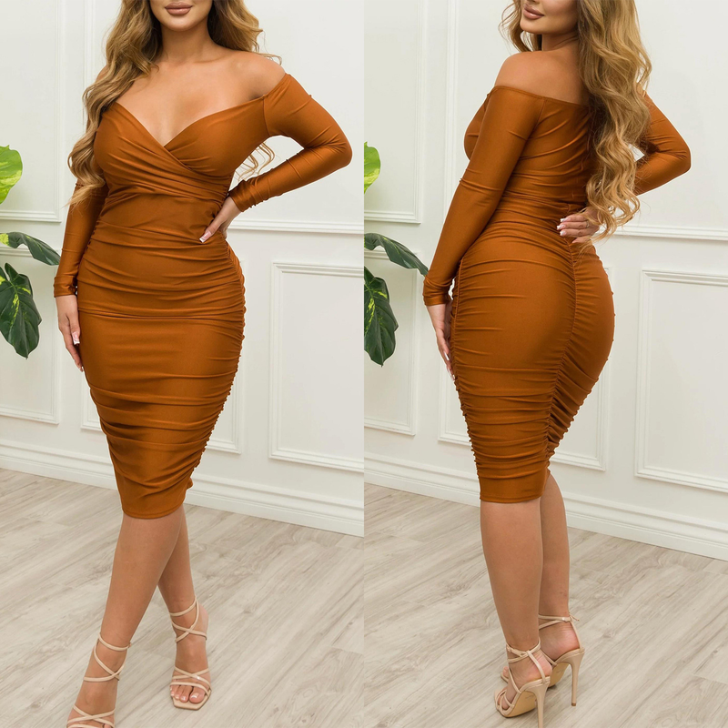 Damenbekleidung Kleidung Sexy One-Shoulder Plissee Hüftbedeckendes langärmliges Kleid_voghion.com