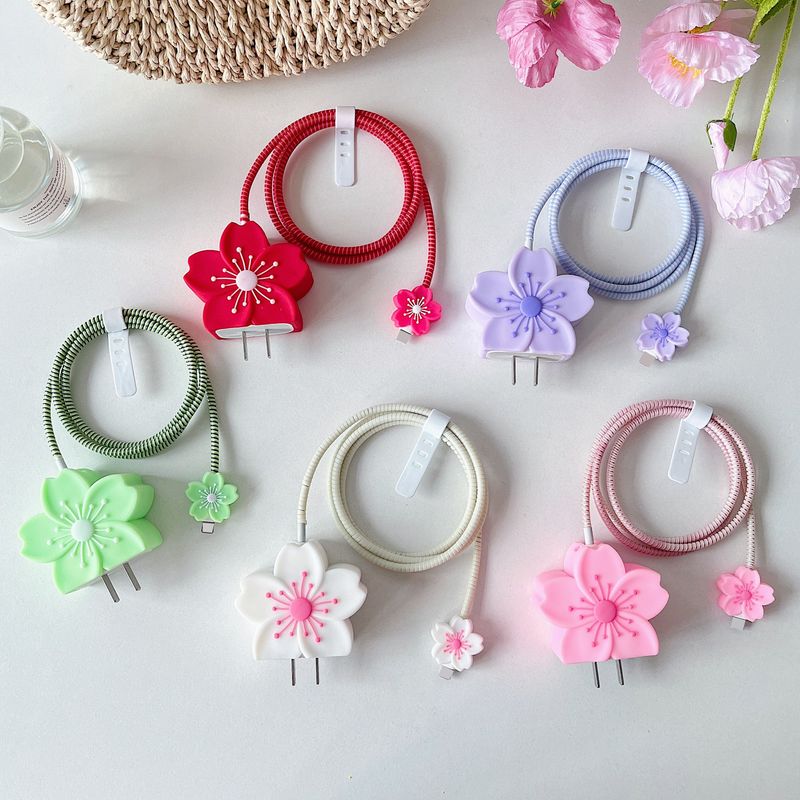 Set di 4 fiori di begonia 3D per iPhone - Cavo di ricarica rapida, cover protettive per la testa del caricabatterie e protezioni per cavi dati_voghion.com