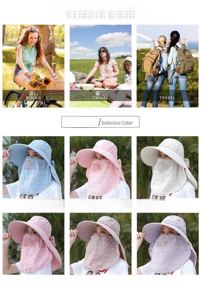 UV Protection Tea Picking Cycling Women's Face Covering Breathable Wide Brim Summer Mask Versatile Cool Sun Hat Travel_voghion.com