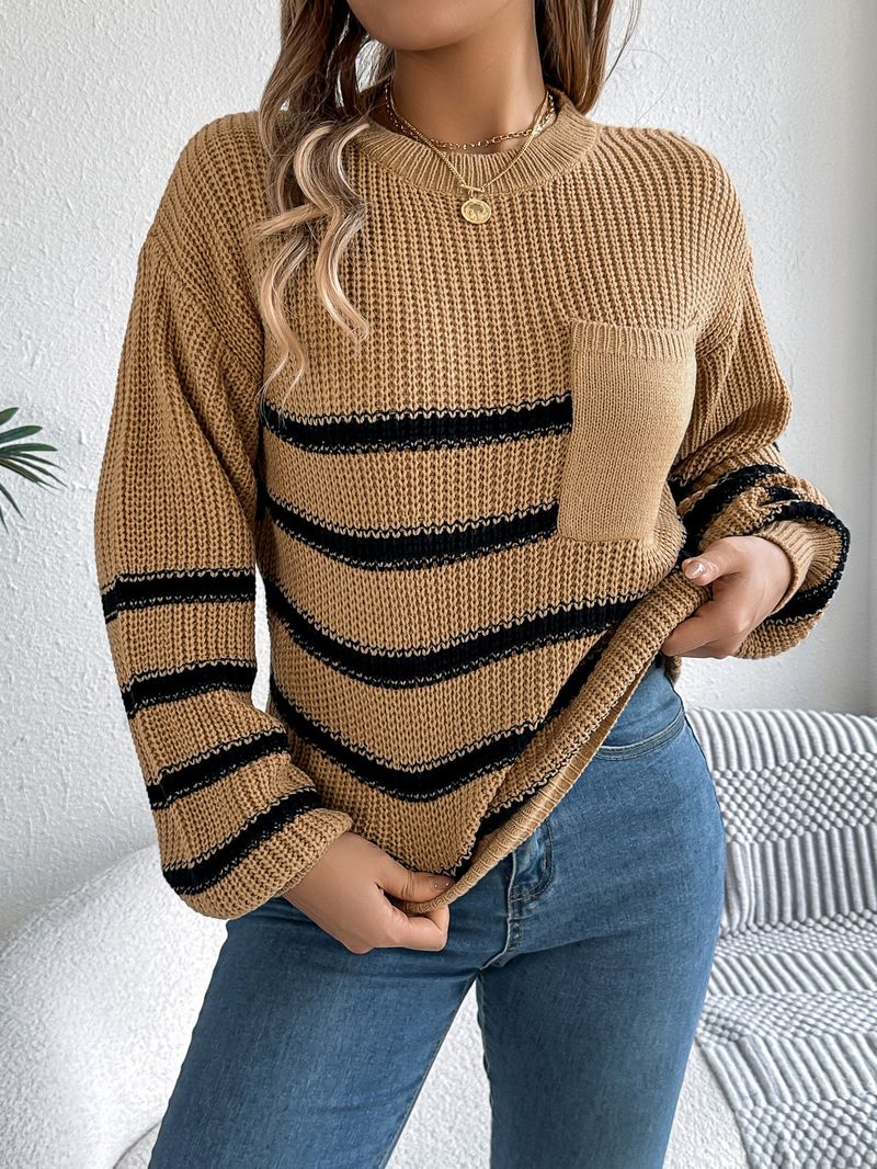 Maglione pullover con maniche a lanterna tascabili a righe color-block casual autunno inverno 2025 da donna_voghion.com