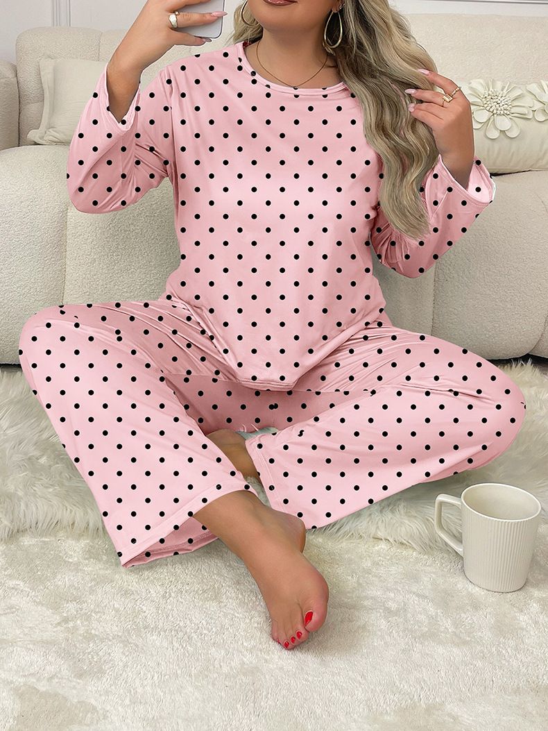 Herbst und Winter, heiß verkauftes Loungewear-Set in doppelter Länge, gepunkteter Druck, voller Boden, locker, kann draußen getragen werden, Pyjamas für Damen_voghion.com
