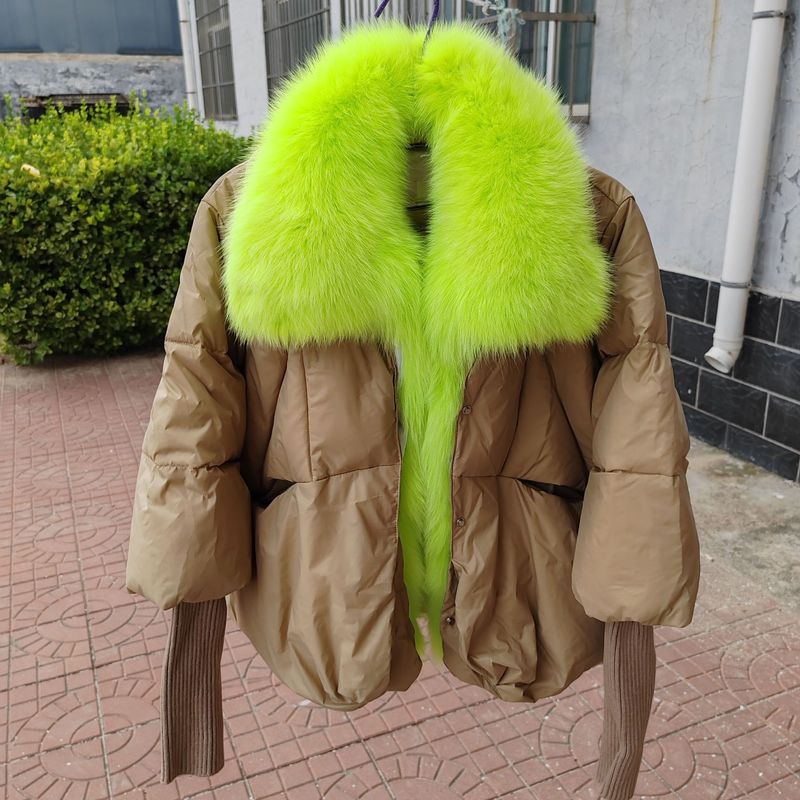 Damenbekleidung Winter Warm Echt Fuchspelz Große Pelzkragen Knopfleiste 90 Weiße Ente Warme Jacke Jacke_voghion.com
