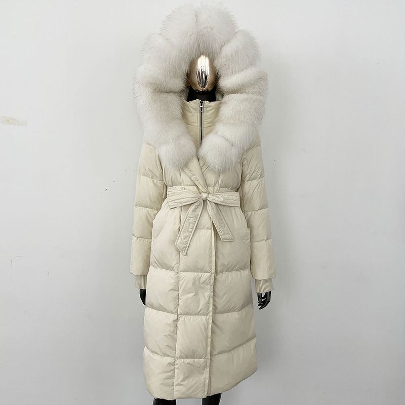Fox Fur Large Collar Down Jacket With Hood And Long Style For Winter, Slim Waist And Knee Length Thickened Women's Coat_voghion.com