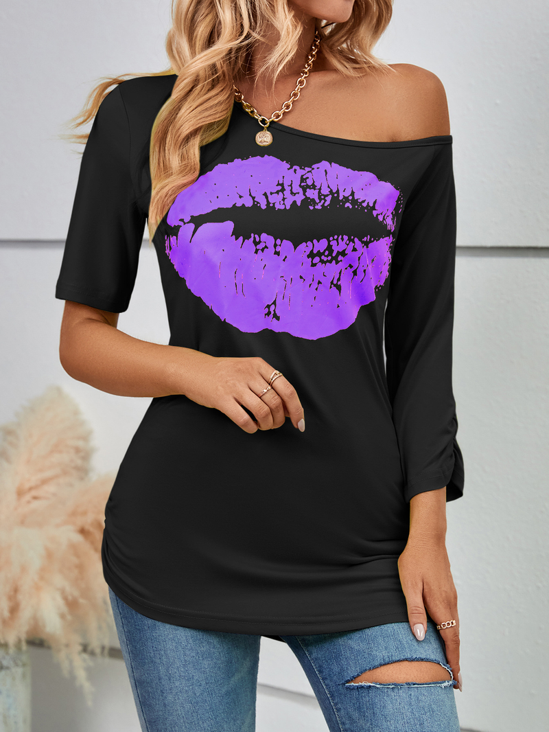 Damen Love bedrucktes Kurzarm-T-Shirt, schulterfreies, unregelmäßiges Ärmel, langes, modisches, schmales Oberteil_voghion.com