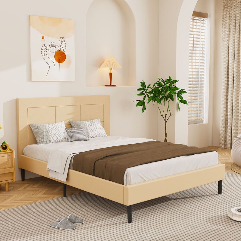 Queen Size Wood Slat Bed Frame 800 Lbs Capacity With PU Leather Headboard_voghion.com