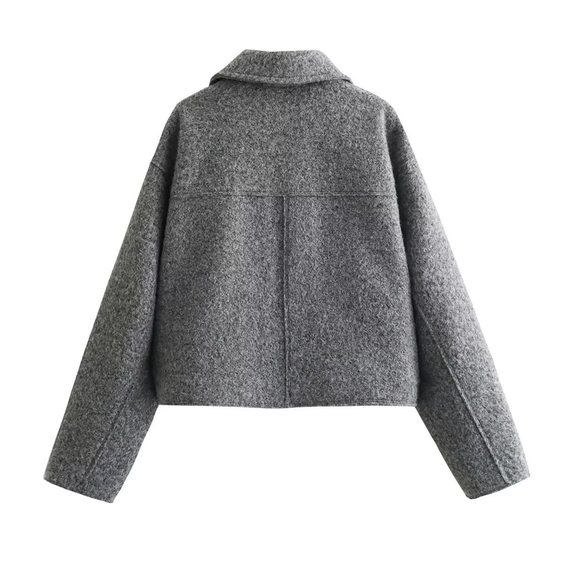 Women's street fashion gray woolen short lapel jacket_voghion.com