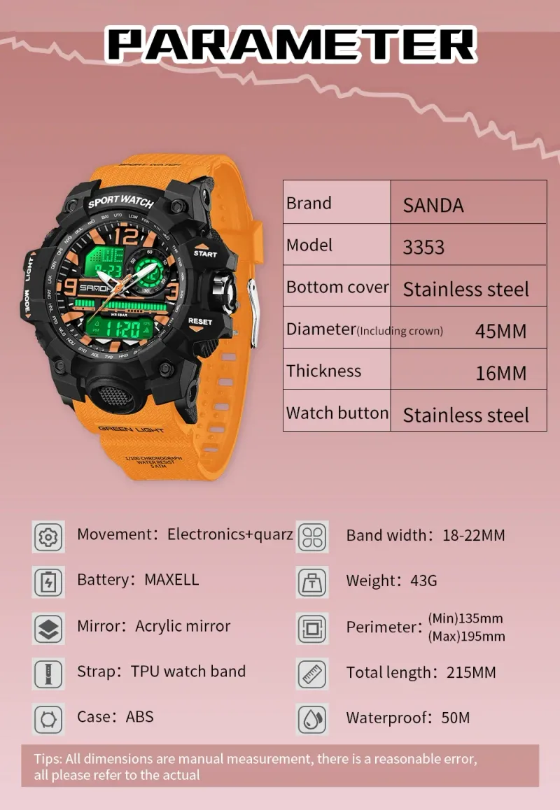 SANDA 3353 Sports Waterproof Electronic Shockproof LED Dual Display Lady Quartz Wristwatches Digital Watch For Boy Girl Children_voghion.com