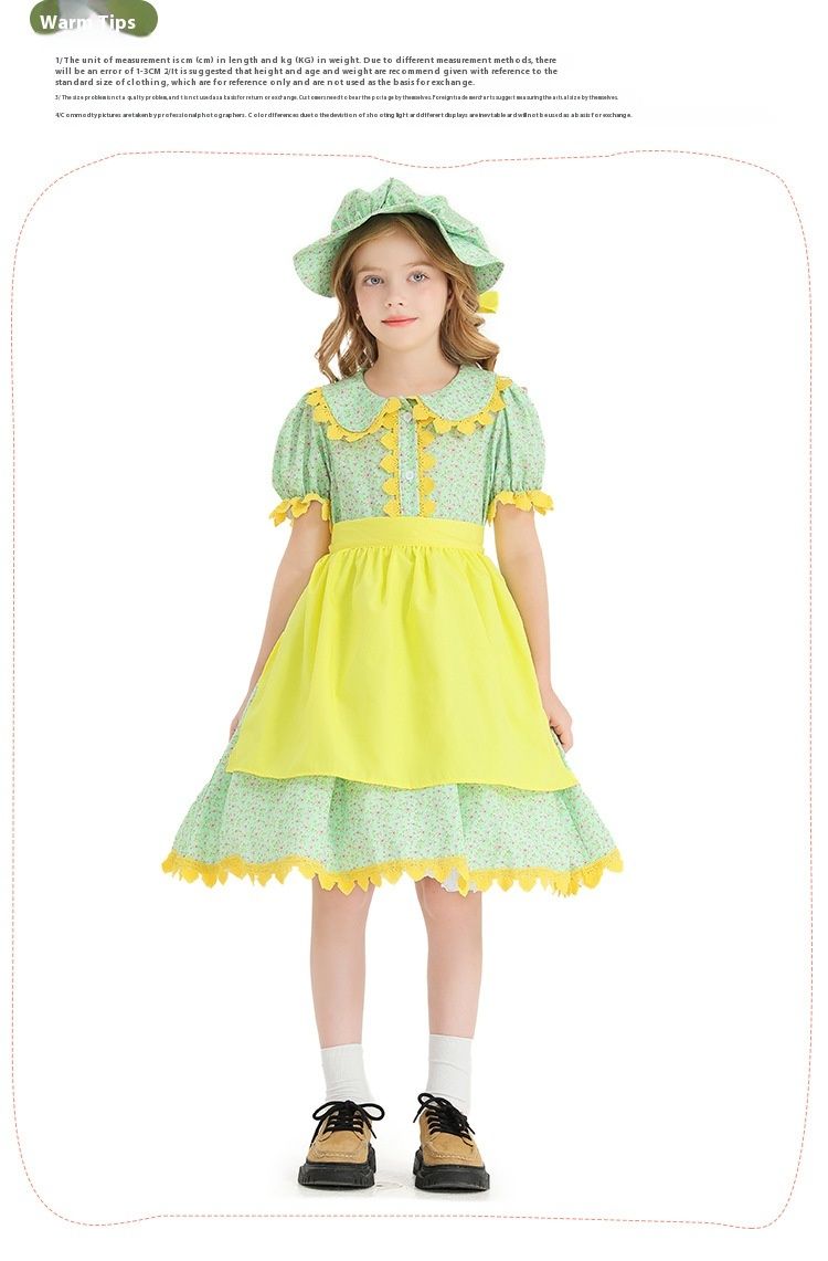 Rochie de gâscă cu șorț galben, în stil nou, verde, cu imprimeu floral, fustă de fermă pentru păpuși_voghion.com