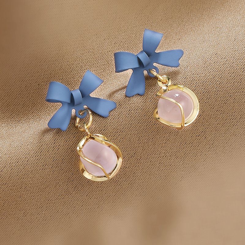 S Klein Blauer Katzenaugenstein Silbernadel High-End-Feeling Damen-Ohrstecker Bowknot-Ohrclip-Stil Kein Piercing_voghion.com