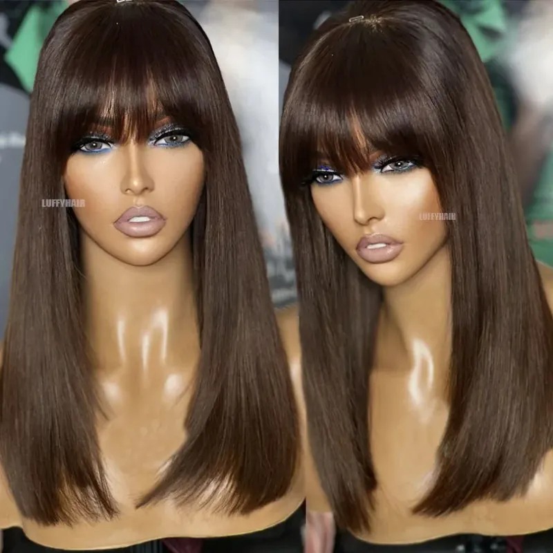 Braune Perücke mat Pony, Bob, Blunt, Seidbasisverschluss, Spitzenperück fir Fraen, 14 Zoll, 200 Dicht_voghion.com