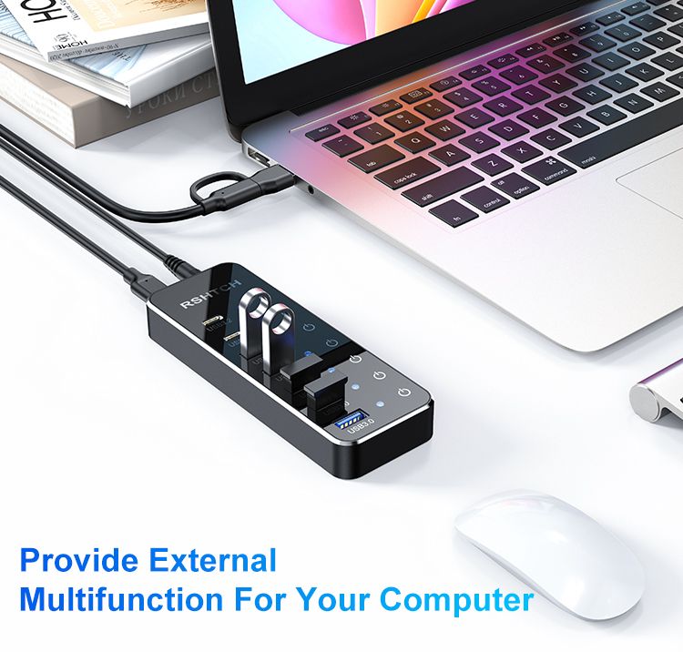 RSHTECH 7-Port Powered C Hub With 10Gbps USB-C 3.2 Ports Individual Touch Switches 5V/3A Pow Adapt Laptop USB_voghion.com