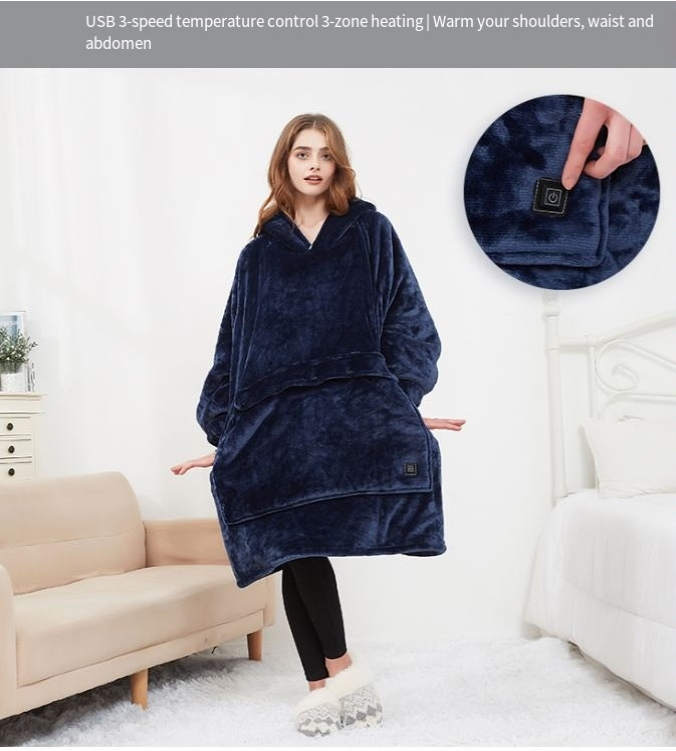 Women's hoodie outdoor USB heating blanket hooded lazy blanket flannel double layer thickened couple lazy pajamas_voghion.com