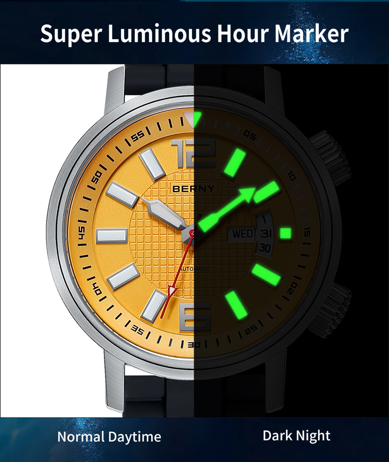 BERNY Automatic Dive Watch For Men Sport Casual 20ATM Waterproof Mechanical Watch With Day Date Super Luminous Silicone Strap Sapphire Wristwatch_voghion.com