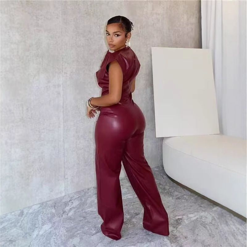 Women's PU Leather Sleeveless Jumpsuit – Slim-Fit High-Waisted Romper With Belt Detail (Crimson, S-2XL)_voghion.com